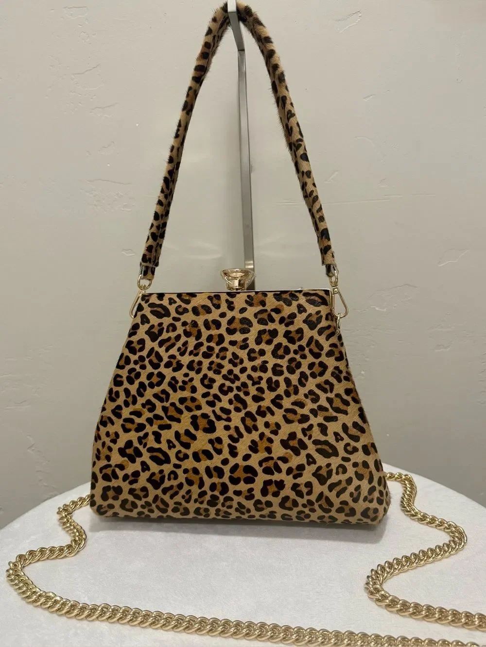 Leopard Print Hair-on Cowhide Handmade Push Lock Frame Boxy Bag
